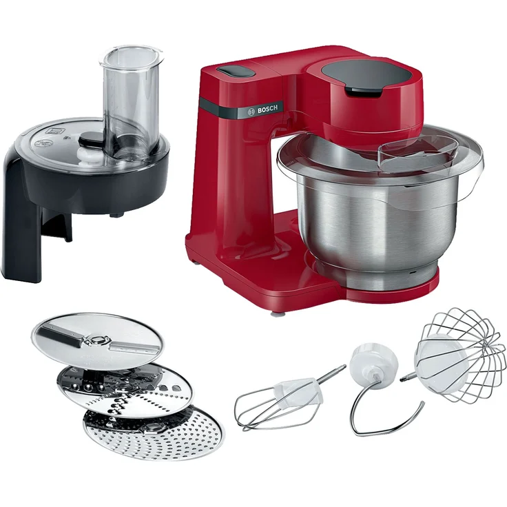 Bosch MUMS2ER01 Küchenmaschine, 700W, 3,8L Schüssel, 4 Geschwindigkeiten, inkl. Patisserie-Set, Durchlaufschnitzler, rot, Serie: MUM2 – Bild 1