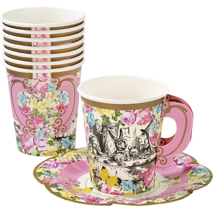 Talking Tables Truly Alice in Wonderland, Teetassen und Untertassen mit für Teekränzchen, Hochzeiten und Geburtstagspartys, Verrückte Hutmacher-Party, 3 Designs, 250 ml (12 Tassen und Untertassen)