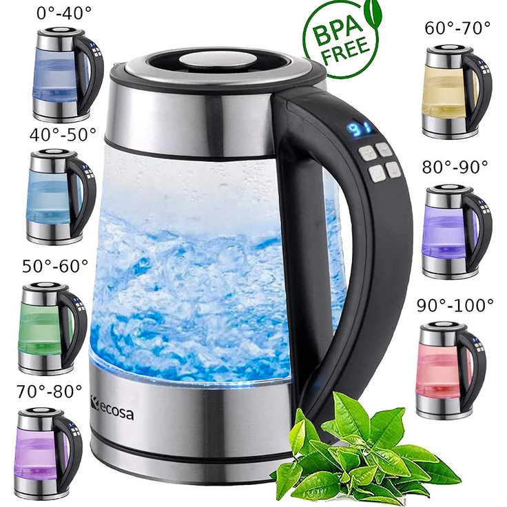 Ecosa Glas Wasserkocher 1,7 Liter | 2200 Watt | Edelstahl mit Temperaturwahl | Teekocher | BPA FREI | Warmhaltefunktion | LED Beleuchtung im Farbwechsel | Temperatureinstellung (40°C-100°C) – Bild 2