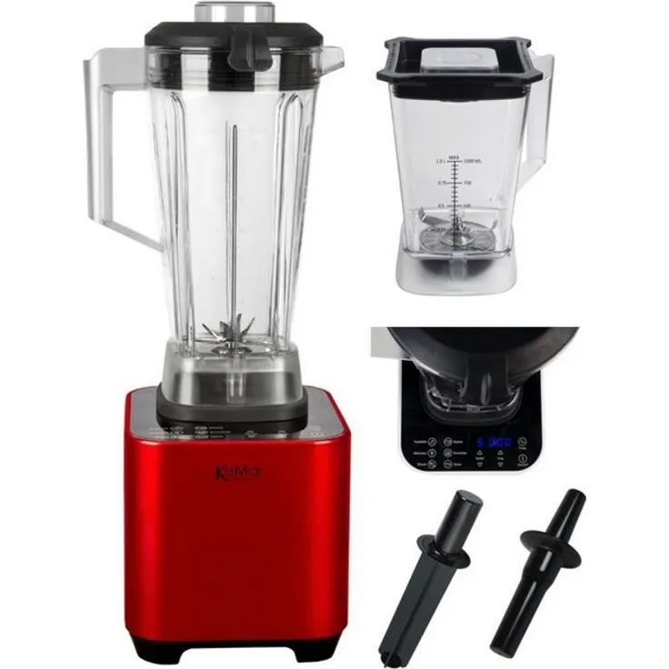 KeMar Kitchenware Standmixer KSB-200, 1500 W, 2 Behälter inklusive, 6 automatische Programme, Touch Display, Pulse Funktion, rot metallic mit schwarzem Touch Panel