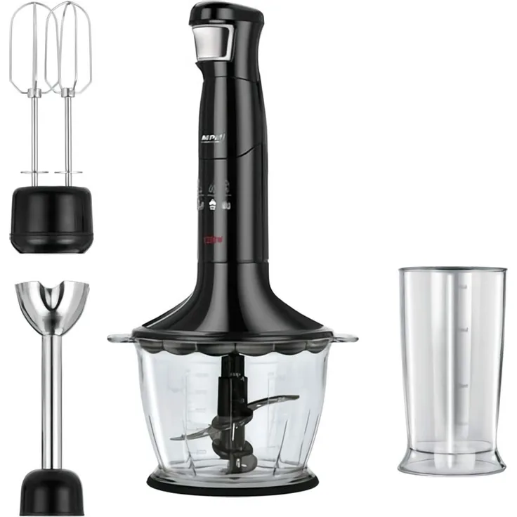 MPM MBL-29-C Handmixer-Set, Mahlwerk und Stäbe, mit Zubehör, Edelstahl, Soft-Touch-Funktion 1200 W, BPA-frei, Schwarz