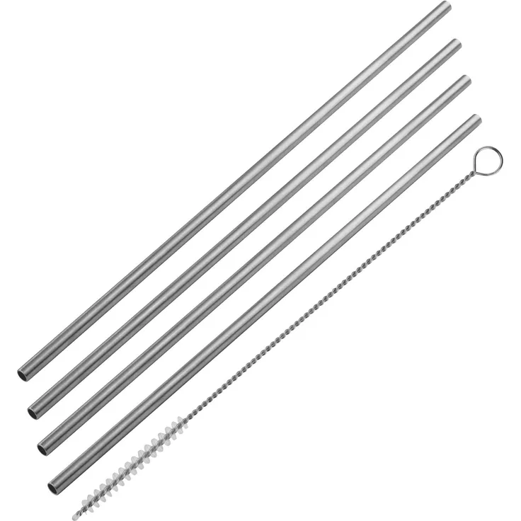 FACKELMANN Edelstahl Trinkhalme Ø5 mm mit Reinigungsbürsten Rio Party, Wiederverwendbare Strohhalme für jeden Anlass, umweltfreundliche Trinkröhrchen (Farbe: Silber), Menge: 4 Halme 1 Bürste