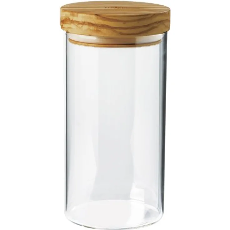 Bérard Vorratsglas mit Deckel 35102 Vorratsbehälter aus Borosilikatglas mit Olivenholzdeckel. Mit Silikonring. Volumen: 900 ml. Maße: 10 x 10 x 20 cm