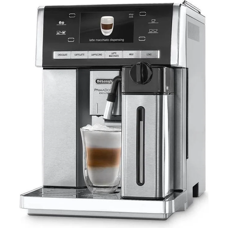 De'Longhi PrimaDonna ESAM 6900.M Kaffeevollautomat mit Milchsystem und integriertem Mahlwerk, Cappuccino und Espresso auf Knopfdruck, 4,6 Zoll TFT Farbdisplay, Trinkschokoladenfunktion, Edelstahlgehäuse, silber – Bild 1