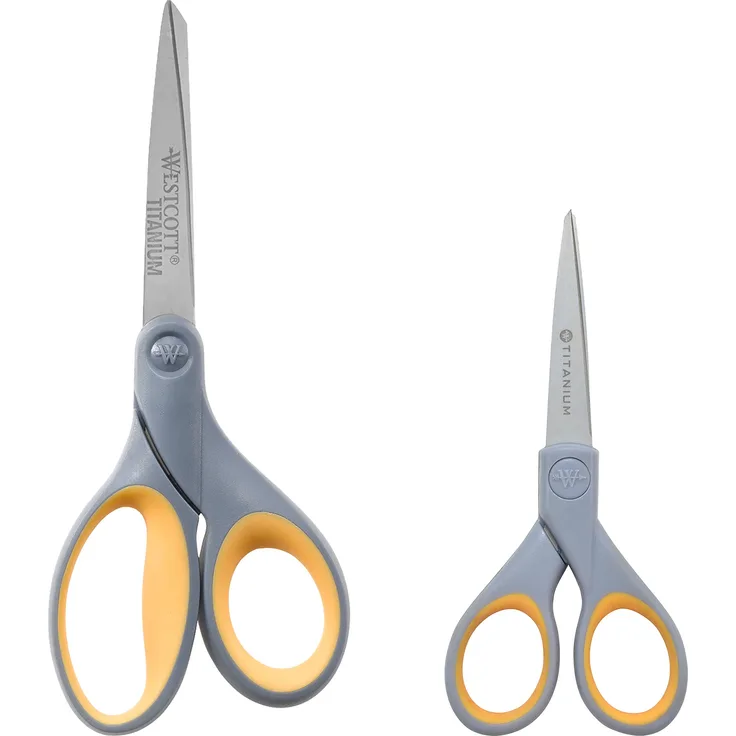 Westcott 13824 Titan Nitrid Softgrip Scheren-Set, grau / gelb, 13 cm (5) und 18 cm (7), 2 Stück