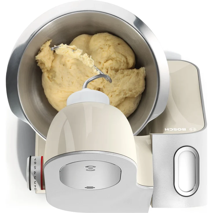 Bosch MUM58L20 CreationLine Küchenmaschine mit Planetenrührwerk 1000W, 3,9 L Schüssel, 7 Geschwindigkeiten, inkl. Patisserie-Set, Durchlaufschnitzler und Standmixeraufsatz, mineralgrau-silber, Serie: MUM5 – Bild 4