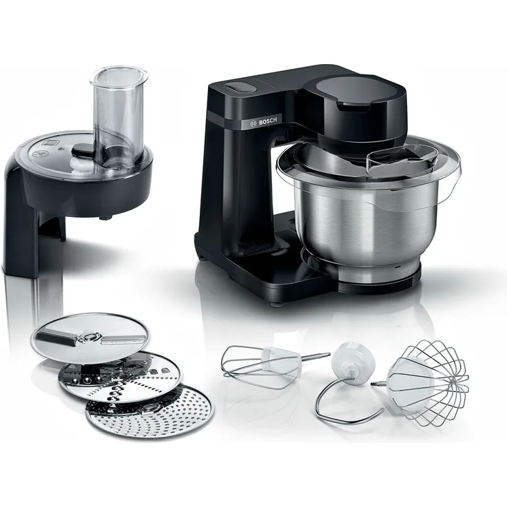 Bosch MUMS2EB01 Küchenmaschine, 700W, 3,8L Schüssel, 4 Geschwindigkeiten, inkl. Patisserie-Set, Durchlaufschnitzler, schwarz, Serie: MUMS