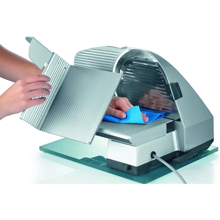 Graef Master M 80 Allesschneider, Metall, 170W, glattes Vollstahlmesser, inkl. MiniSlice-Aufsatz, Edelstahltablett, Kippschneider 30°, Aluminiumschlitten, 170 mm, glattes, durchgehärtetes Vollstahlmesser mit Hohlschliff, silber – Bild 5