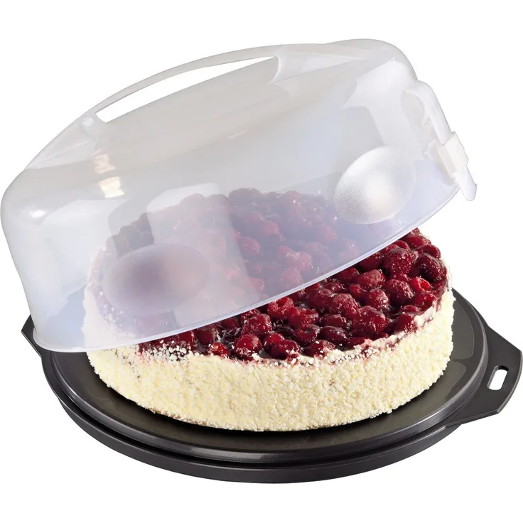 Xavax Kuchen-Transportbox rund mit Deckel Kuchenbehälter Ø 28,5 cm, Innenhöhe 8 cm, Kuchenbox mit Stückeinteilungshilfe, Haube und Servierfächern, Party- und Tortenbutler Tortenplatte anthrazit