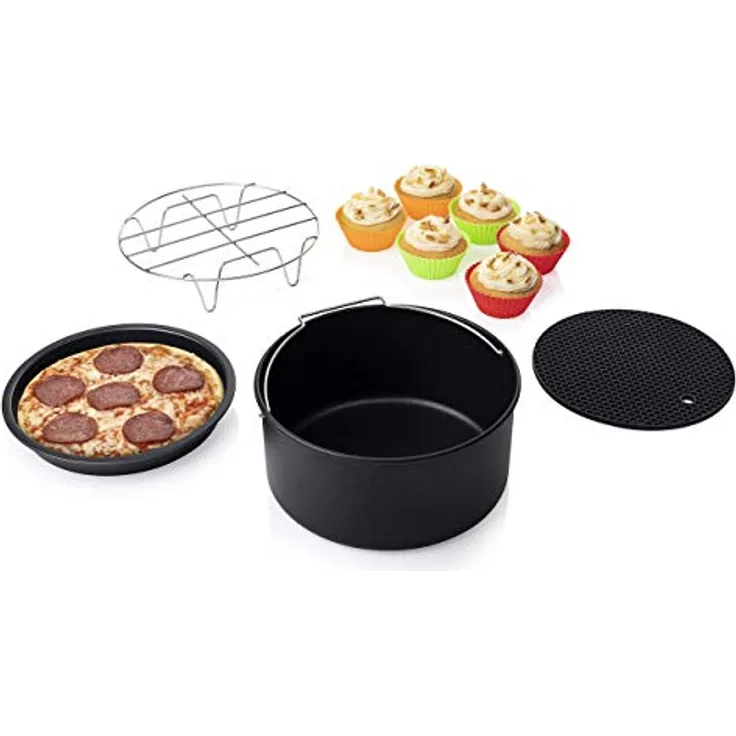 Princess 10-teiliges Zubehör-Set für XL Heißluftfritteuse 4,5L und 5,2 Liter - Topfablage, Pizzablech, Kuchenform, Grillrost, Muffinschälchen, 182012