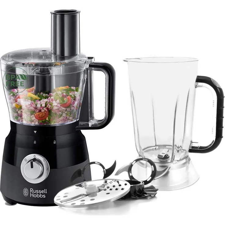 Russell Hobbs Küchenmaschine Matt Schwarz (1,5l Standmixer-Aufsatz & 2,5l Rührschüssel, Edelstahlscheibe zum Schneiden & Raspeln, Teigwerkzeug, Emulgiereinsatz) Food Processor 24732-56