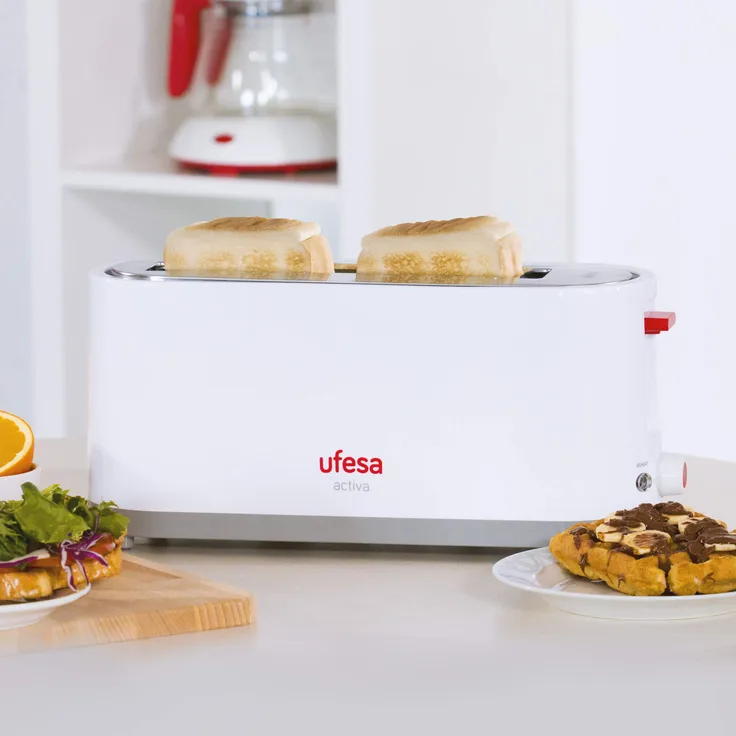 Ufesa TT7365 TT7365-1400W Leistung,3 Funktionen: Auftauen, Aufheizen und Abbrechen, Krümelschublade, 7 Toastgrad Positionen, Weiß und Grau