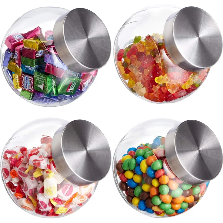 Relaxdays Bonbongläser, 4er Set, 1,5 l, Vorratsgläser für Süßigkeiten, Lebensmittel, Candy Bar, Edelstahl-Deckel, klar