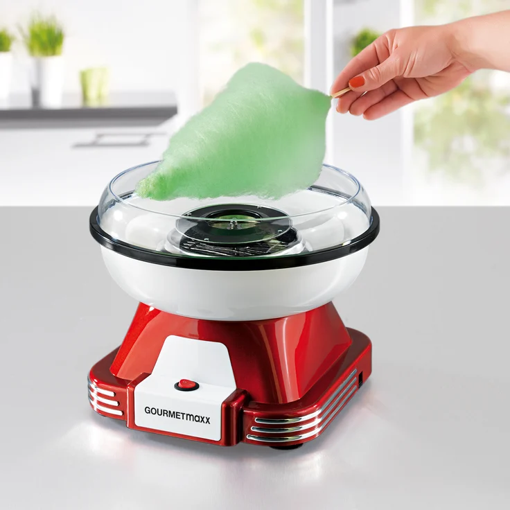 Gourmet Maxx Zuckerwatte-Maschine, 500 Watt, inkl. Stäbchen, Messlöffel und Sprizschutz, Retro-Design, herausnehmbarer Behälter, Gehäusematerial Edelstahl und Kunststoff, rot – Bild 2