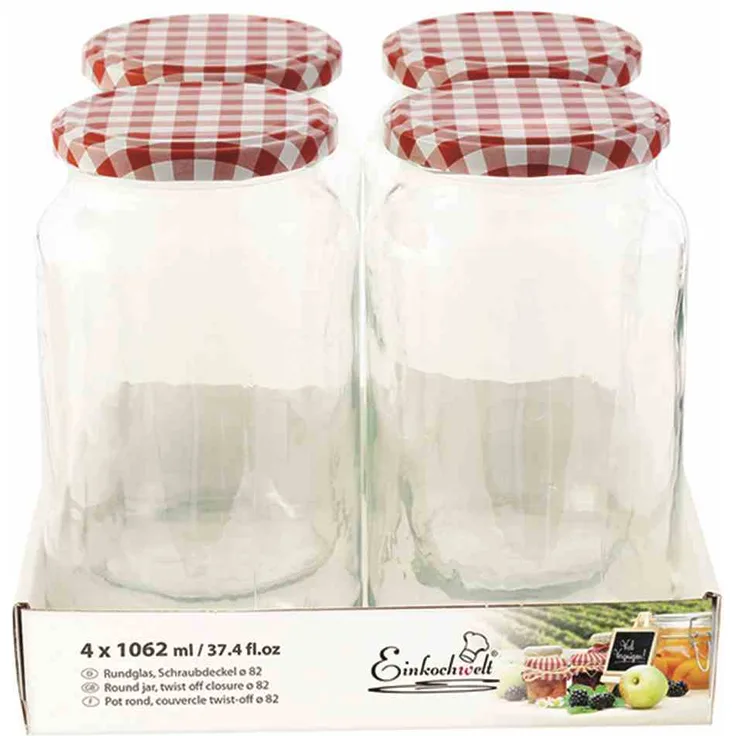 Glas rund TO82 4x1062ml + Schraubdeckel rot-weiß Vorratsgefäße Vorratsglas 