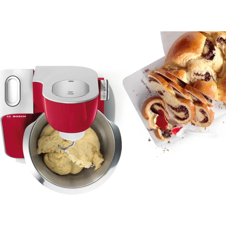 Bosch MUM58720 CreationLine Küchenmaschine mit Planetenrührwerk 1000 W, 3,9 Schüssel, 7 Geschwindigkeiten, Patisserie-Set, Standmixeraufsatz, Durchlaufschnitzler mit 3 Scheiben, deep red, Serie: MUM5 – Bild 4