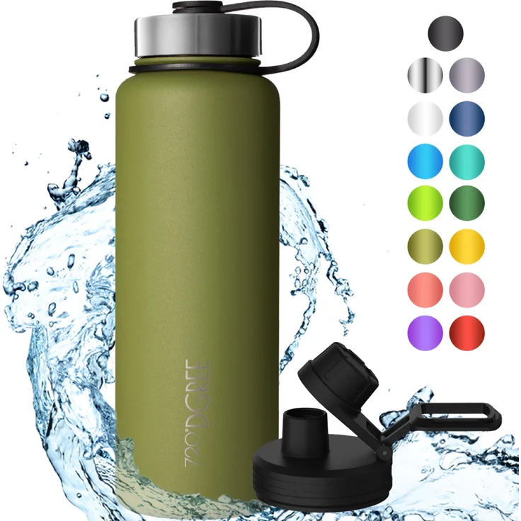 720 DGREE Trinkflasche Edelstahl 1200ml Thermo mit 2. gratis Sportdeckel noLimit olive – Bild 1