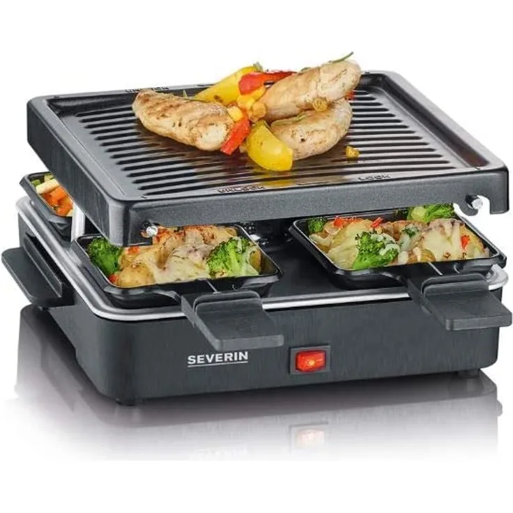Severin RG 2370 Mini Raclette-Grill, antihaftbeschichtete Grillplatte, 4 Raclettepfännchen, 600 Watt, schwarz