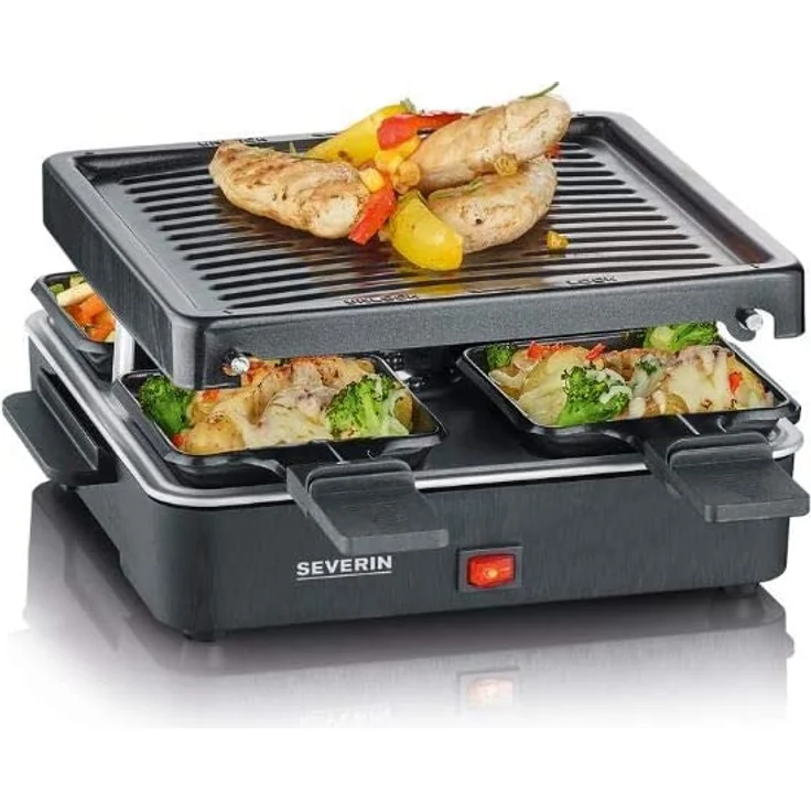 Severin RG 2370 Mini Raclette-Grill, antihaftbeschichtete Grillplatte, 4 Raclettepfännchen, 600 Watt, schwarz – Bild 1