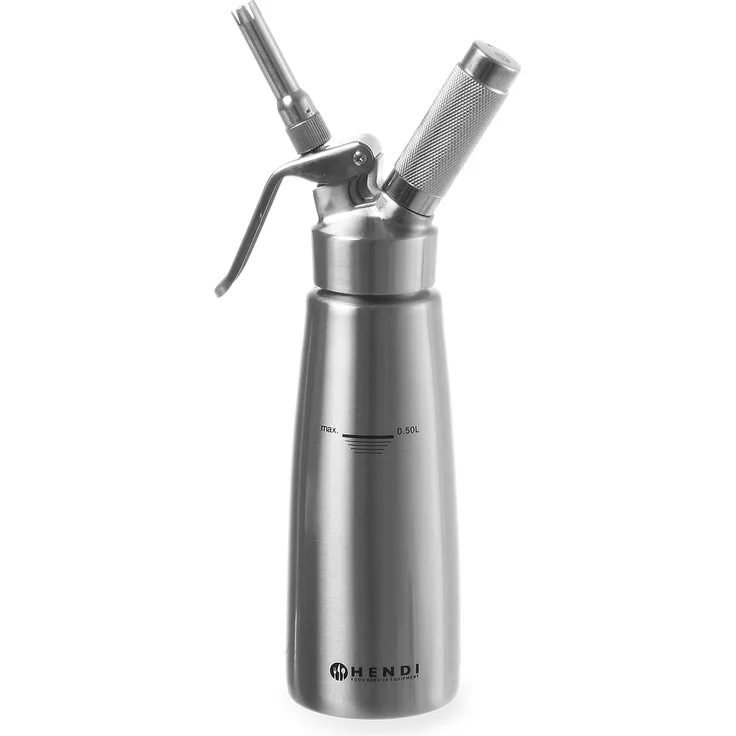 HENDI Sahnespender, Inklusive Set aus 3 Edelstahl Spritztüllen und Reinigungsbürste, Sahne-Mousses-Desserts-kalten Schäumen-Saucen, 0,5L, ø85x(H)235mm, Edelstahl, Silber