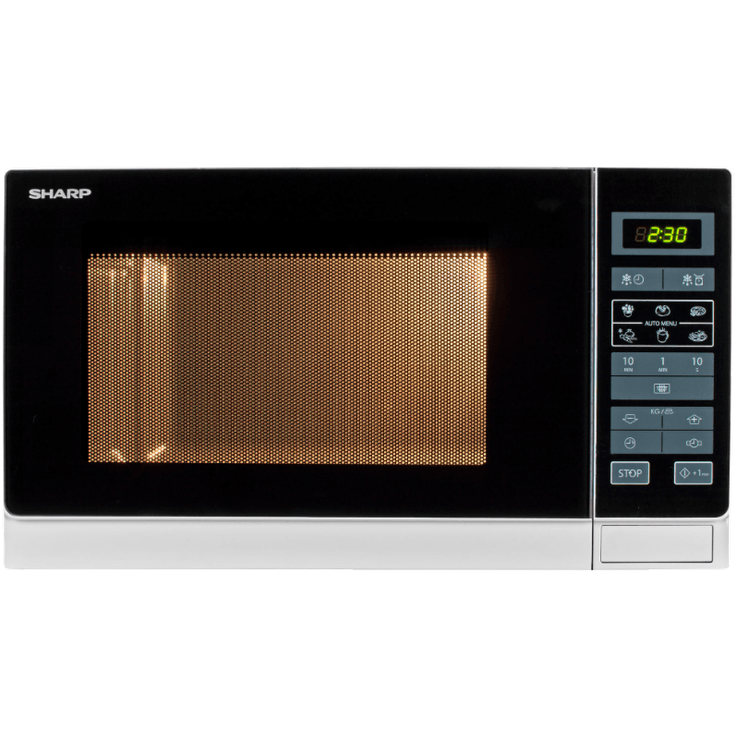Sharp R342WW Mikrowelle, Standgerät, 25 Liter Garraum, 900 Watt, LED-Display, 8 Automatikprogramme, Timer, Gewichtgesteuertes Auftauen, Kindersicherung, Energiesparmodus, Glasdrehteller 31,5 cm, Weiß