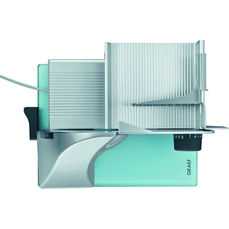 Graef Master M 80 Allesschneider, Metall, 170W, glattes Vollstahlmesser, inkl. MiniSlice-Aufsatz, Edelstahltablett, Kippschneider 30°, Aluminiumschlitten, 170 mm, glattes, durchgehärtetes Vollstahlmesser mit Hohlschliff, silber – Bild 3