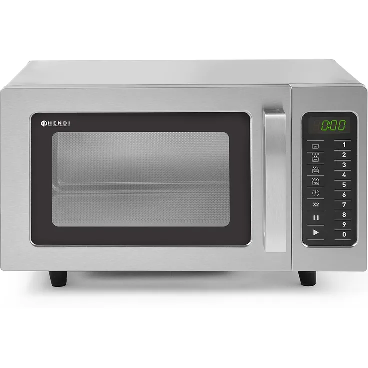HENDI Mikrowelle, Standgerät, 1000 Watt, einfach zu bedienen, 10 programmierbaren Tasten, Eingangsleistung 1550 Watt, rotierenden Antenne, 25 Liter Garraum, 230V, 511x432xH311mm, Kammer 327x346xH200mm, Edelstahl