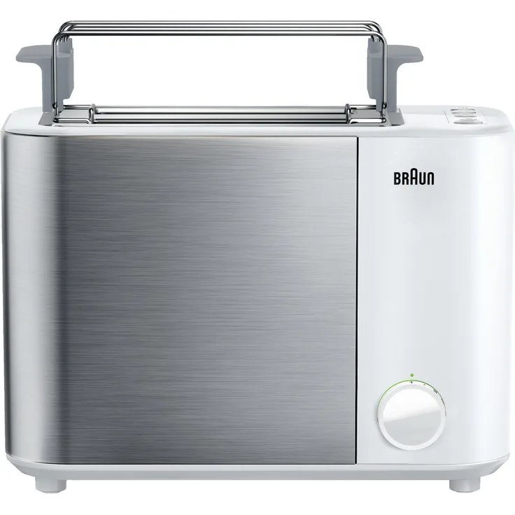 Braun IDCollection Toaster HT5010 WH ? mit Doppelschlitz, Bagel-Funktion für einseitiges Toasten, 13 Röstgrade, Auftaufunktion, inkl. Brötchenaufsatz, 1000 W, Weiß - Edelstahl