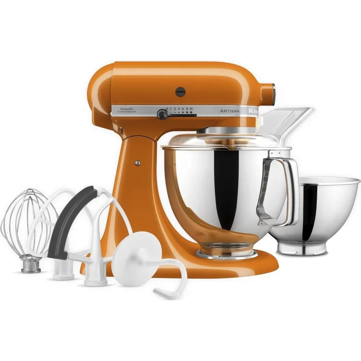 KitchenAid Artisan 5KSM175PSEHY Küchenmaschine mit Direktantrieb, 300W, 4,8 L Edelstahlschüssel, inkl. 3 L polierte Schüssel, Spritzschutz, 10 Geschwindigkeiten, honey, Serie: 5KSM175PS – Bild 4