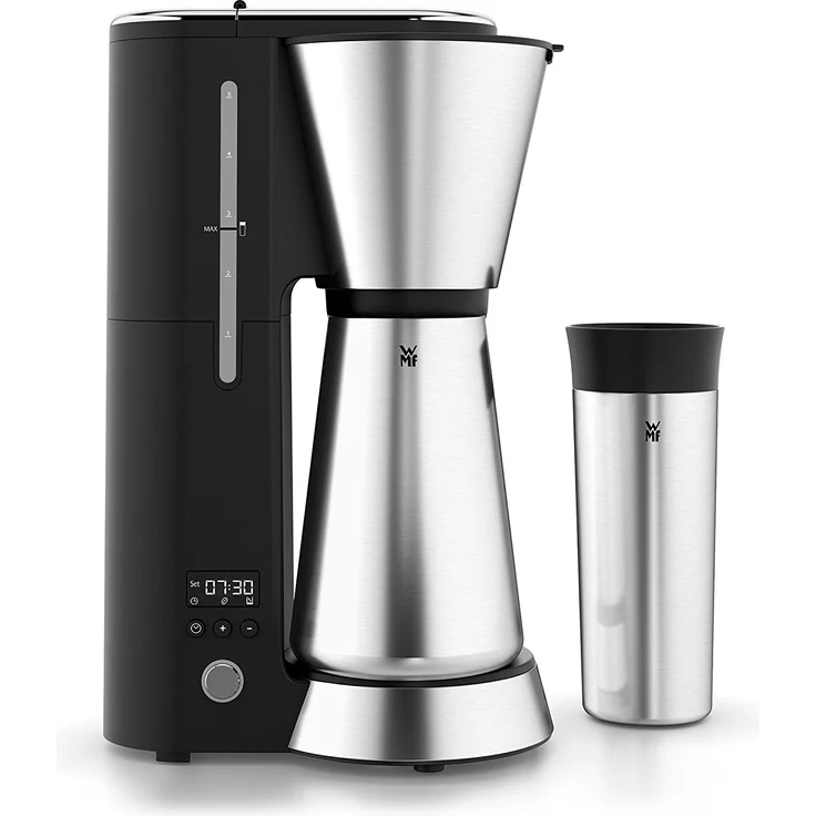 WMF Küchenminis Aroma Kaffeemaschine mit Thermoskanne (760 Watt, Filterkaffee 5 Tassen, Thermobecher to go (350ml), 24 Stunden-Timer, Abschaltautomatik) cromargan matt – Bild 2