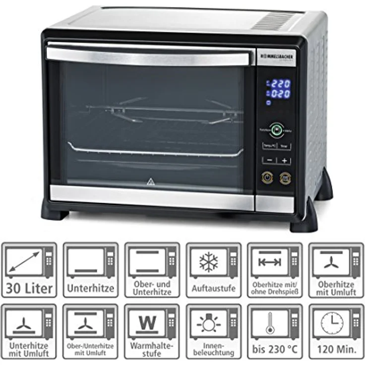 ROMMELSBACHER Elektronik Back & Grill Ofen BGE 1580-E - 30 Liter Backraum, elektronische Regelung von 80-230 °C, Touch Control, 8 Heizarten, Umluft, Drehspieß, Timer, Doppelverglasung, Edelstahl – Bild 2