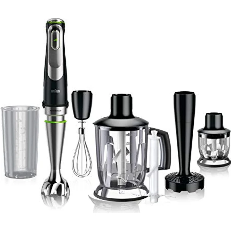 Braun MQ9147X MultiQuick 9 Stabmixer mit Active PowerDrive und SplashControl, inkl. Pürierstab, Gemüsestampfer, Mixer, Zerkleinerer & Schneebesen, 1200 Watt, silber, schwarz – Bild 1