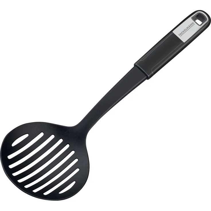 FACKELMANN Abseihlöffel 32 cm Sense, Schöpfkelle zum Abseihen aus Kunststoff, Rutschfester Soft-Touch-Griff, Küchenhelfer für beschichtete Pfannen und Töpfe (Farbe: Silber-Schwarz), Menge: 1 Stück