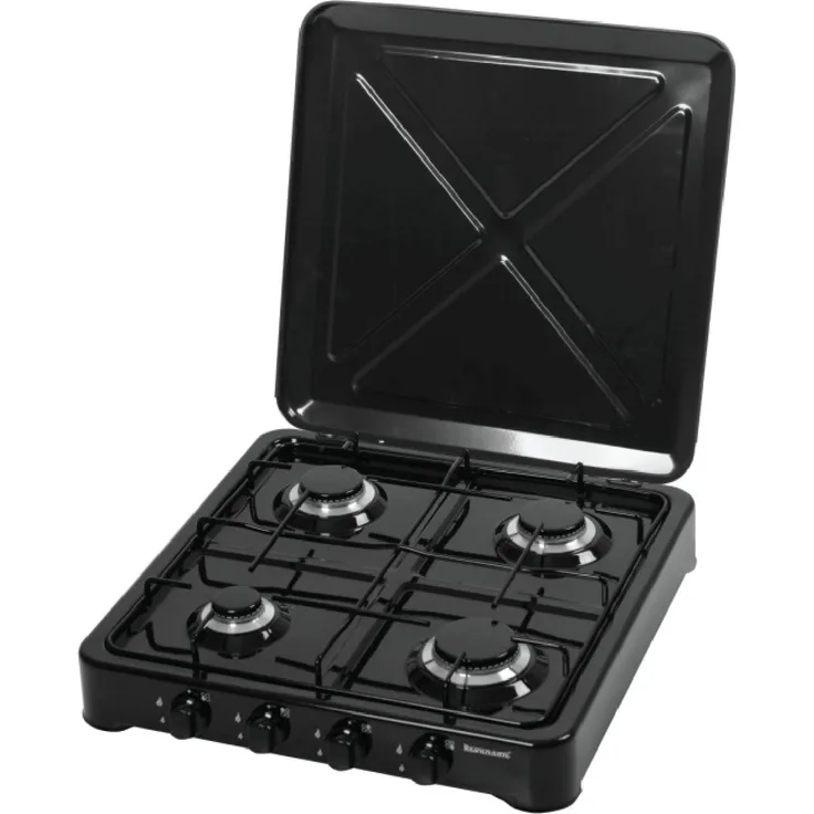 Ravanson K-04TB Gaskochfeld mit 4 Gasbrennern, 6,46 kW, 49,5 x 54,0 cm, Metalldeckel und Metallgehäuse, schwarz
