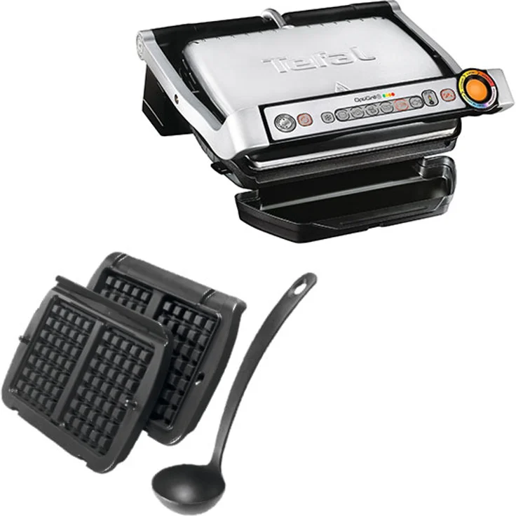 Tefal GC716D OptiGrill Kontaktgrill, 2000W, Thermostat, 6 voreingestellte Grillprogramme, stufenlose Farbänderung des Lichtindikators, inkl. Waffel-Platte, Kelle, silber – Bild 1