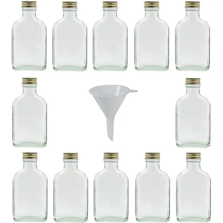 Viva Haushaltswaren 12 x kleine Glasflasche 100 ml mit Schraubverschluss, als Flachmann, Schnapsflasche & Likörflasche geeignet inkl. Trichter Ø 7 cm