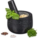 Relaxdays Granit Mörser mit Stößel, robust & langlebig, Gewürze, Kräuter, polierter Steinmörser, Ø 12 cm, 300ml, schwarz