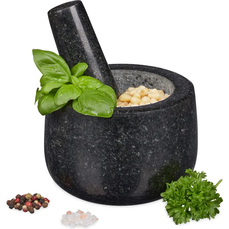 Relaxdays Granit Mörser mit Stößel, robust & langlebig, Gewürze, Kräuter, polierter Steinmörser, Ø 12 cm, 300ml, schwarz