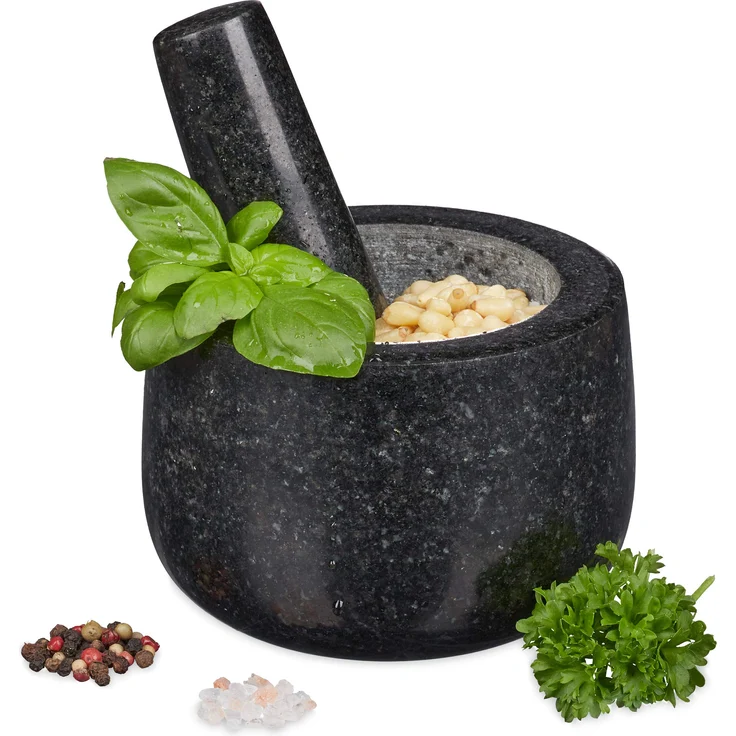Relaxdays Granit Mörser mit Stößel, robust & langlebig, Gewürze, Kräuter, polierter Steinmörser, Ø 12 cm, 300ml, schwarz