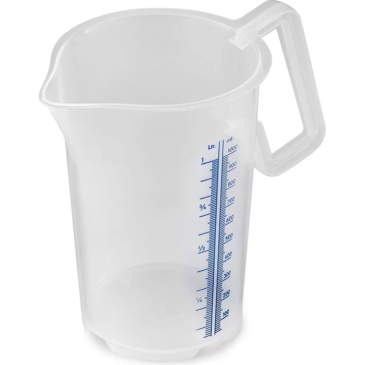 thermohauser Messbecher m. geschlossenem Griff, 1000 ml, Kunststoff PP, blaue Skala in Litern und Millilitern