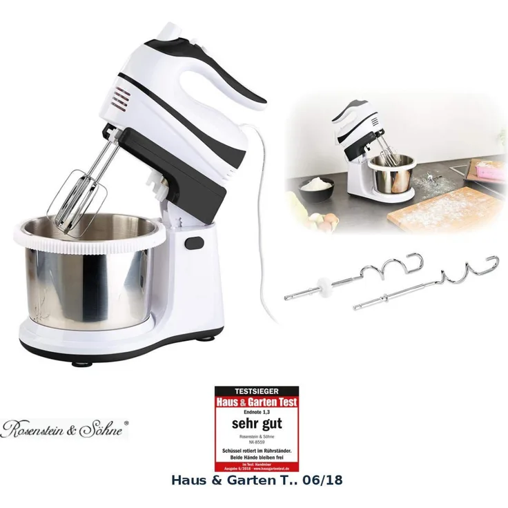 Rosenstein & Söhne Handmixer mit Schüssel, 500W, 3L, 5 Geschwindigketein, Turbofunktion, weiß, schwarz