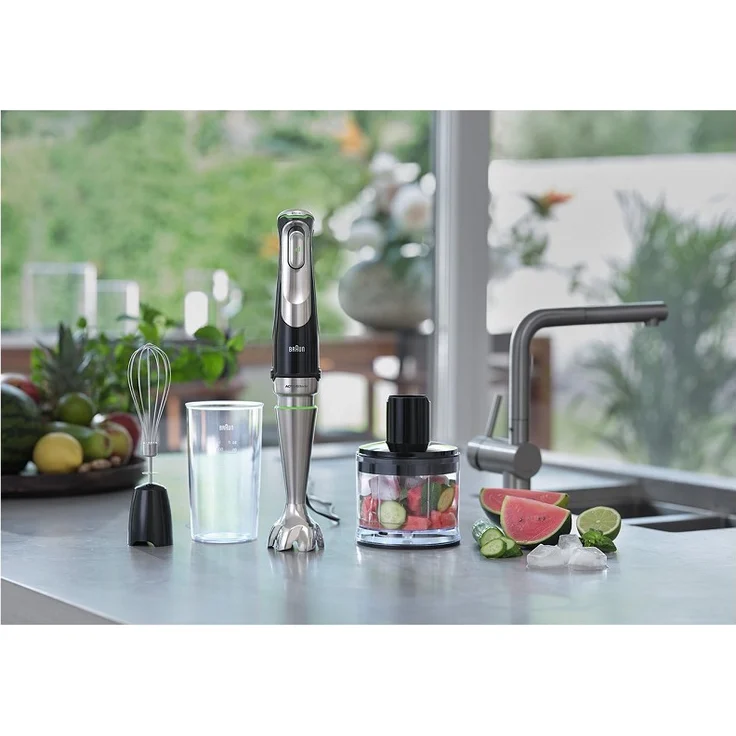 Braun MQ9135XI MultiQuick 9 Stabmixer-Set, 1200 Watt, Schneebesen, Crushed-Eis, Zerkleinerer, Advanced-Smart-Speed, stufenlos, Easy-Click, silber, schwarz – Bild 2