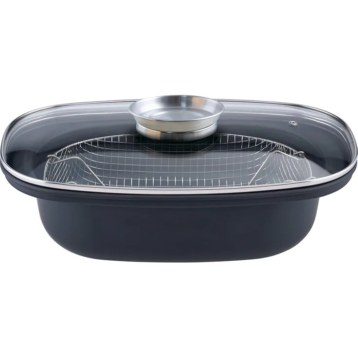 GSW 414593 Aromabräter mit Einsatz 39x25cm, Karbon-Stahl, Edelstahl rostfrei, Glas, schwarz