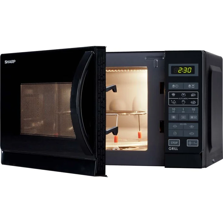 Sharp R642BKW 2-in-1 Mikrowelle mit Grill, Standgerät, 20 Liter Garraum, 800 Watt, 8 Automatikprogramme, Timer, Kindersicherung, Energiesparmodus, Glasdrehteller 25,5 cm, schwarz – Bild 2
