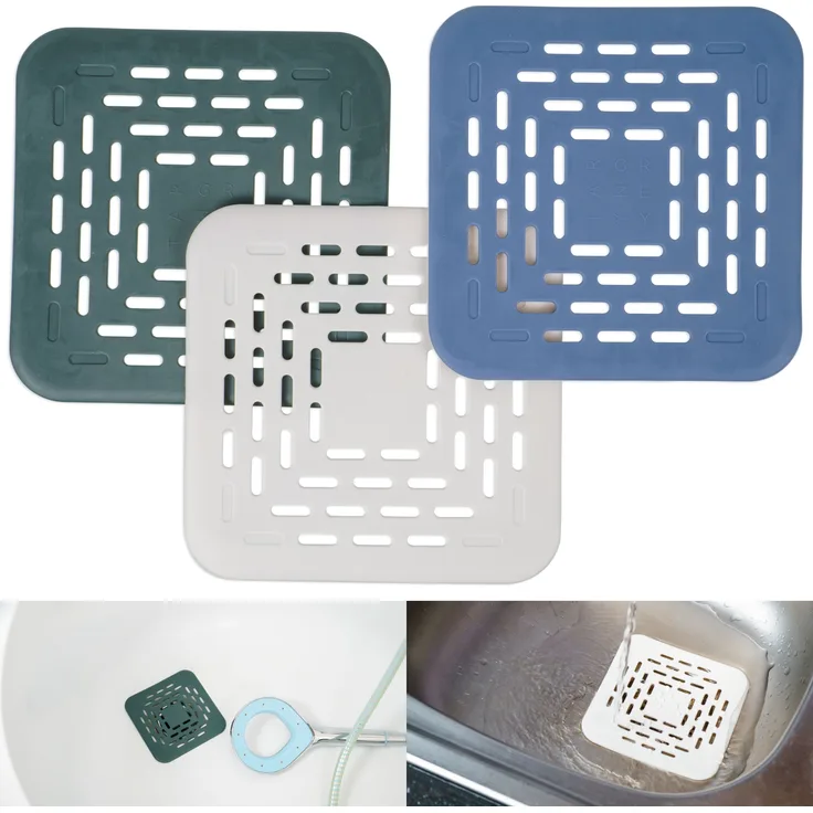 Abflusssieb, 13 x 13 cm, 3 Pack Küchenabfluss Sieb mit 1 x weiß, grün, blau, mit 4 starken Saugnäpfen, hält Küchen Abläufe frei von Essensresten