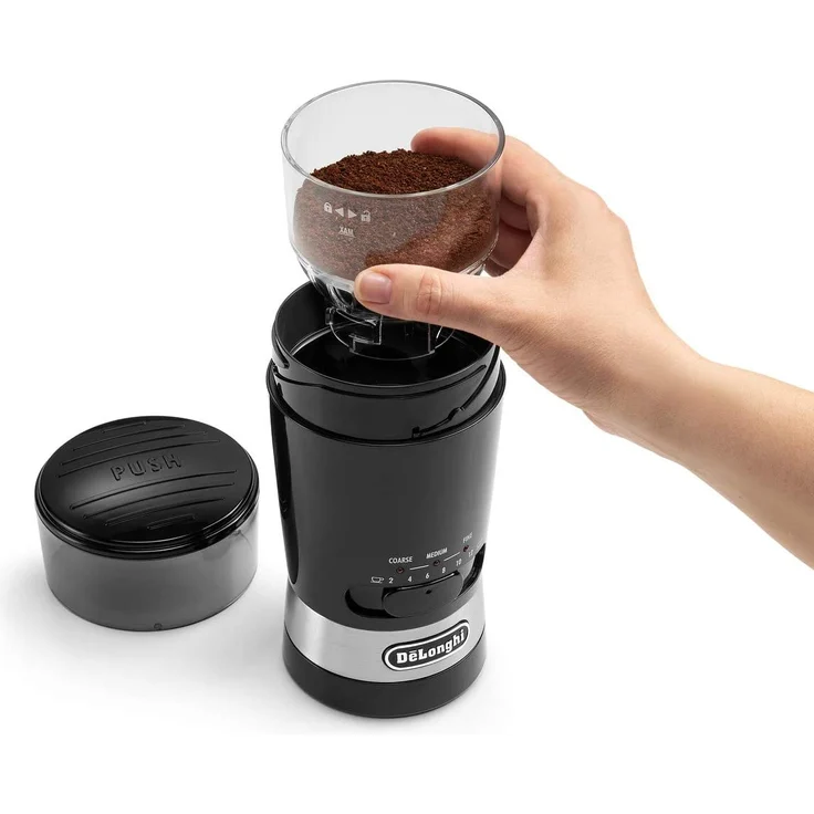 De'Longhi KG210 Kaffeemühle, Fassungsvermögen 90 Gramm, Edelstahlklingen, einstellbare Schleifstufe, einfache Verwendung, 170 W, Schwarz – Bild 5