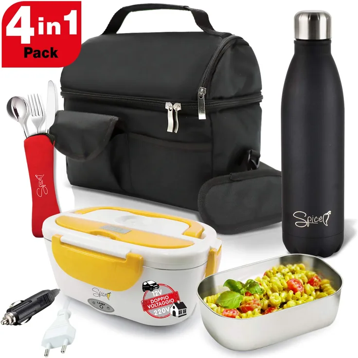 SPI Umhängetasche + Isolierflasche 500 ml Wand + Wärmflasche Amarillo Plus Doppelspannung + Set 3 Besteckteile aus Edelstahl, Schwarz-Weiß, l