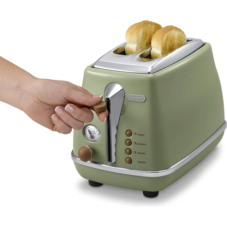 De'Longhi Toaster Icona Vintage CTOV2103.GR - 2-Schlitz-Toaster mit Brötchenaufsatz, Edelstahl in elegantem Retro Look mit Chrom-Details, grün  – Bild 2