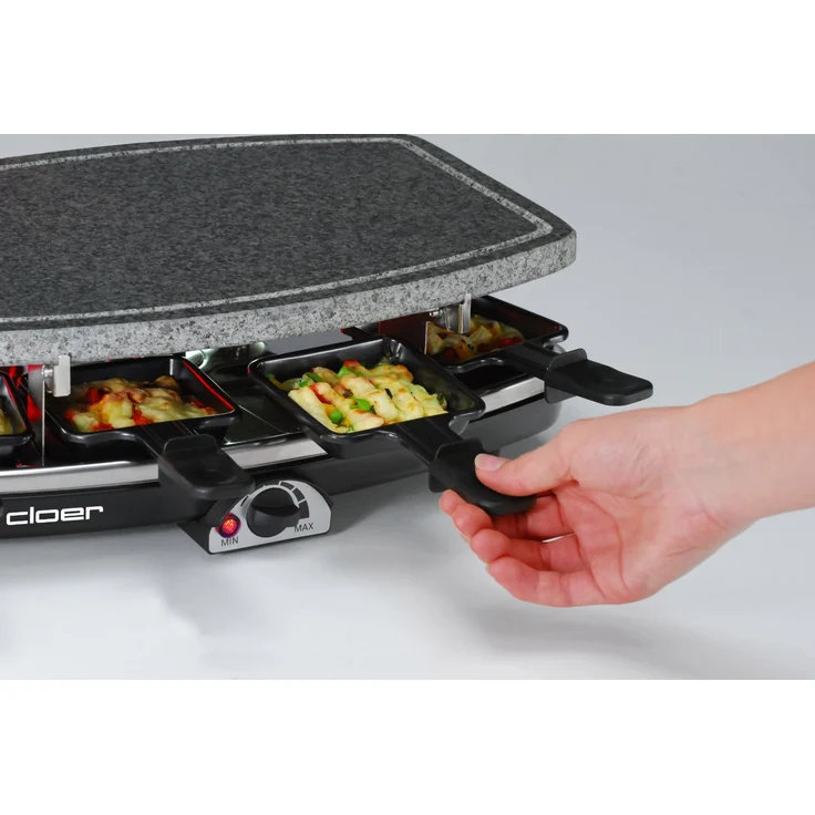 Cloer 6430 Raclette-Grill mit Naturstein, 1200 Watt, 8 Pfännchen antihaftbeschichtet mit wärmeisolierten Griffen – Bild 4