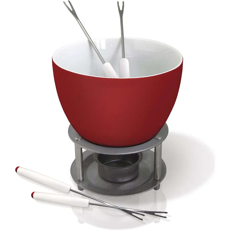 Vin Bouquet FIH 022 - Schokoladen-/Käsefondue aus Keramik, einschließlich Teelicht und vier Spieße, Edelstahlbasis, weiß und rot